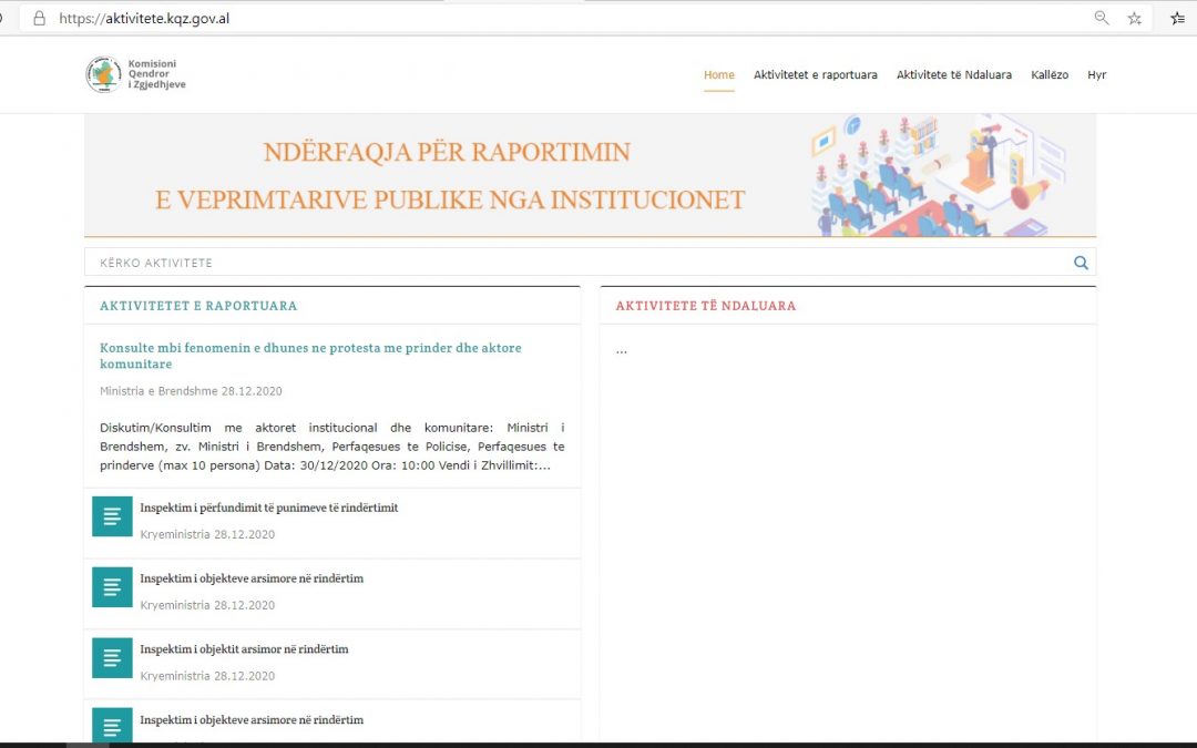 Ndërfaqja “aktivitetet e ndaluara”, institucionet regjistrohen dhe raportojnë veprimtaritë publike të planifikuara.  